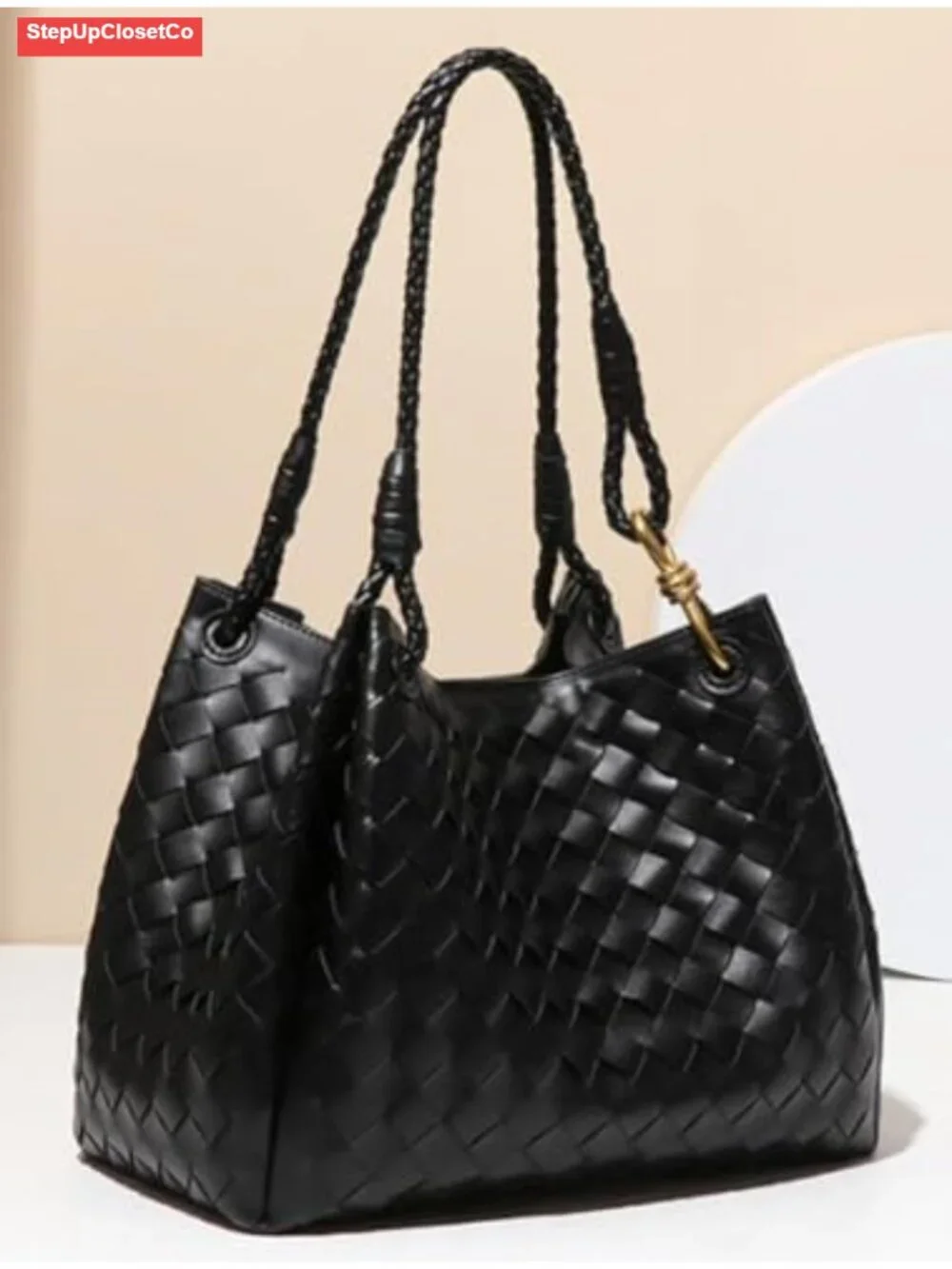 2 Pcs Slouchy PU Leather Woven Bucket Hobo Bags Women Underarm Shoulder